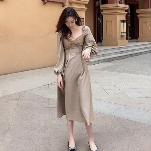 Womens Autumn Elegant Midi Dress Women Vintage Retro Praty Dress Offcie Lady Casual Slim Long Sleeve One-Piece Vestido