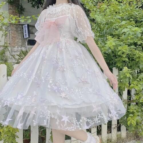 Kawaii Girl Little Stars Lolita Sling Dress Women Sweet Cute Big Bow Star Mesh Lace Sleeveless Dress Pink Summer JSK Lolita 2021