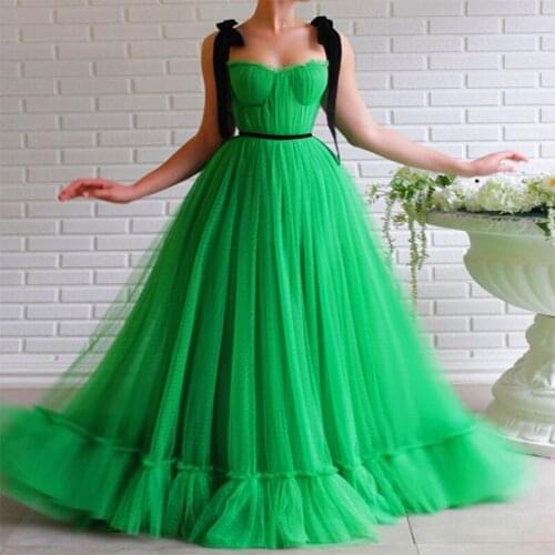 Women Vintage Boho Green Dot Sweetheart Evening Dress Long Gown