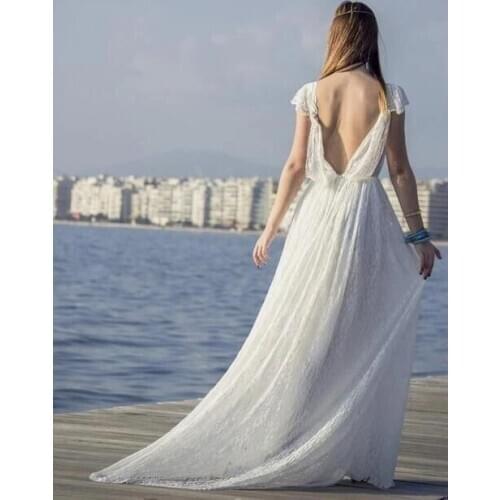 2021 Boho Lace Pearls Wedding Dresses for Bride Long A Line Double V Neck Cap Sleeves Bridal Gowns vestido de noiva