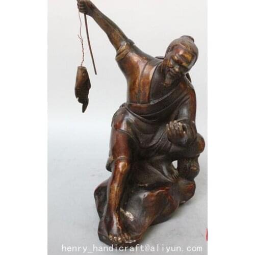 Antique QingDynasty copper statue / sculpture--Fisherman fishing,hand-Carved,decoration crafts /collection & adornment,with mark
