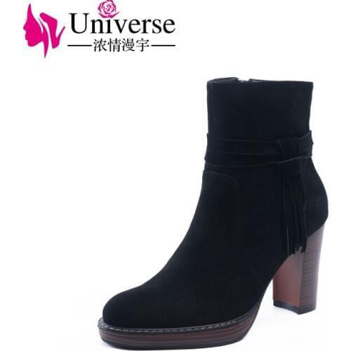 High Heel Kid Suede Plus Size 34-41 Ankle Boots Zip Universe Handmade Women Winter Boots Black Warm Shoe H187