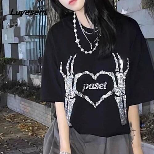 Black Gothic Girl Harajuku Summer T Shirt Lady Skeleton Letter Ctrystle Stamping T-shirt Punk Street Y2k Japanese Cotton Tops