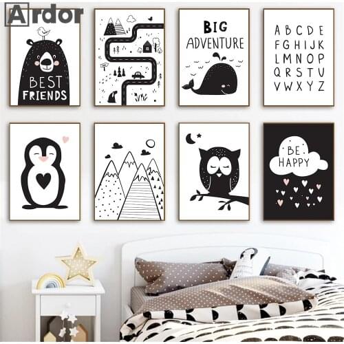 Black And White Cartoon Print Bear Penguin Poster Nursery Wall Art Prints Alphabet Cloud Wall Painting Pictures Kids Room Decor