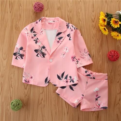 Baby Girl Floral Suit Fall Long Sleeve Lapel Collar Coat Tops Shorts Buttons 2 Piece Set Sports Formal Party Casual Wear