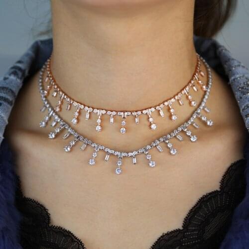 Two color baguette round cz tennis choker multi drip cz flowers statement necklace rose gold color vermeil fashion women jewelry