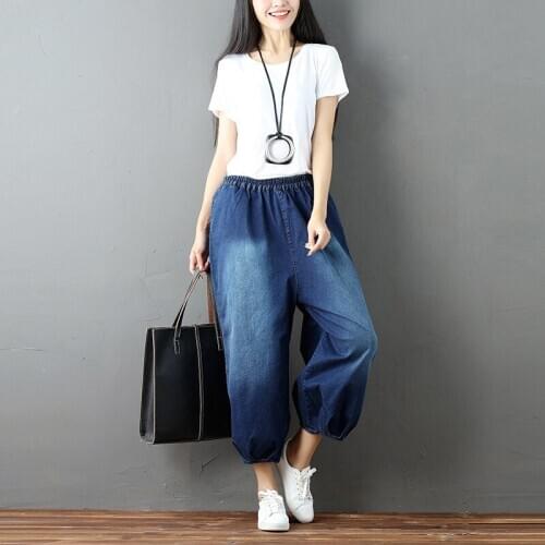 Literary patchwork women denim jeans elastic waist plus size loose trousers wide leg casual pants all matched tide korean style