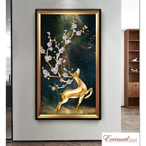 EECAMAIL 5D Diamond Painting Full Of Diamond Stone Embroidered Retro Charm Wealthy Deer Stick Diamond Cross Stitch Living Room