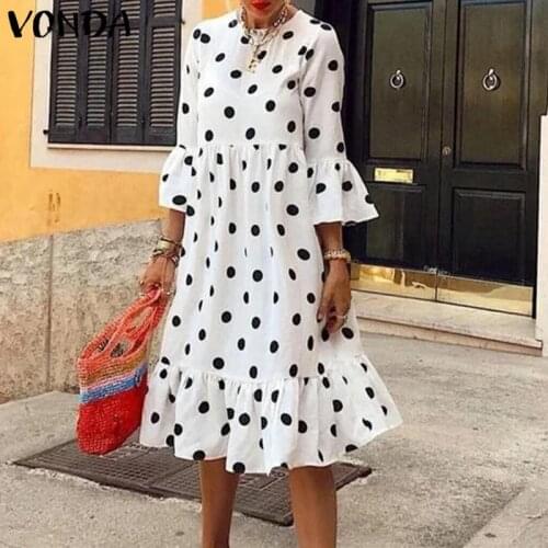 Elegant Office Dress Women 3/4 Sleeve Ruffle Dress Vintage Polka Dot Dress 2021 VONDA Summer Holiday Sundress Femininas