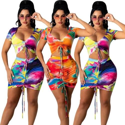 Sexy Mini Skirt Sets Tie Dye Summer V-neck Beach Crop Top Short Skirt Vacation Outifits Female Casual two piece set women