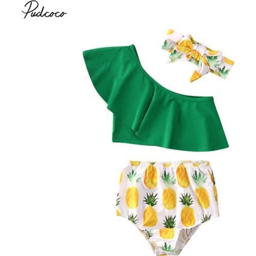 2020 Summer Swimsuit Toddler Kids Baby Girl Swimwear Pineapple Bow Bikini Swimming One Shoulder Tops Hight Waist Bottom Headband