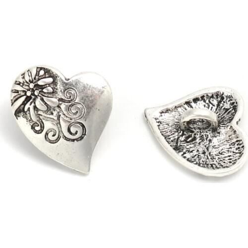 10 PCs Zinc Based Alloy Flower Carved Heart Metal Sewing Shank Buttons Antique Silver Color 20mm x 17mm Clothing Accessories