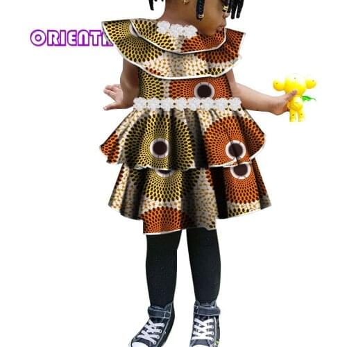 Cute Little Girl Dress Kids Girl African Print Floral Children Dress with White Flower Bazin Riche Summer Africa Dresses WYT79