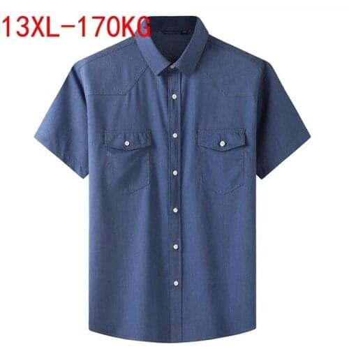 Plus Size 13XL 7XL 6XL Men Business Casual Short Sleeve Shirt pockets Classic Imitation denim MEN Social Dress Shirts Blue