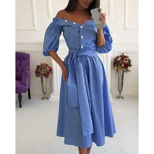 New Lady Sexy Off Shoulder V-neck Striped Pattern Half Sleeve Midi Dress Womens Summer Dress 2019 Plus Size