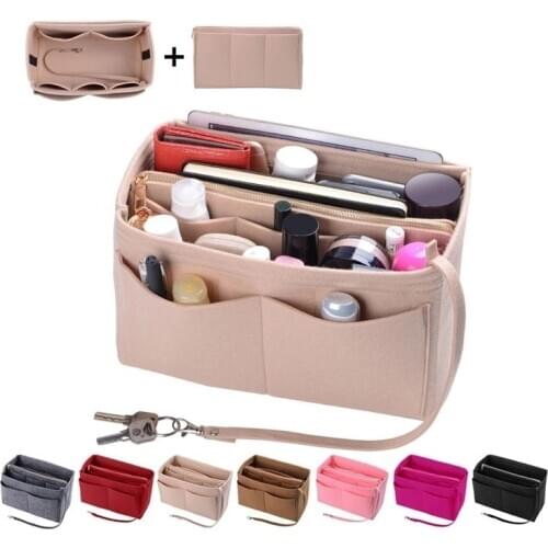 Q Womens Makeup Organizer Storage Portable Felt Cloth Insert Cosmetic Bags Large Capacity Travel Inner Purse Toiletry Handbag