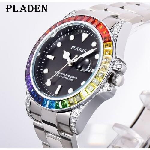 PLADEN Luxury Full Steel Watch For Men Silver Big Dail Quartz Watches Auto Date Colorful Diamond Bezel Male Clock Dropshipping