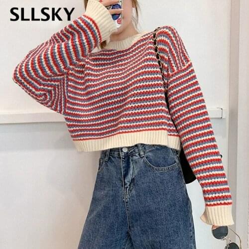 Sllsky Striped Colorful Short Polluver Sweater Women Winter Fashion Korean style Knitted Sweater Autumn Loose High Waist Tops