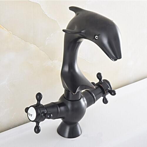 Basin Faucet Dolphin Shape Oil Rubbed Bronze Double Handle Sink Mixer Tap Vanity Faucet Hot Cold Water Bathroom Faucet Nsf843