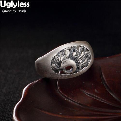 Uglyless Ethnic Vintage Peacock Rings for Women Solid 99% Fine Silver Adjustable Animal Open Rings Hollow Phoenix Fine Jewelry