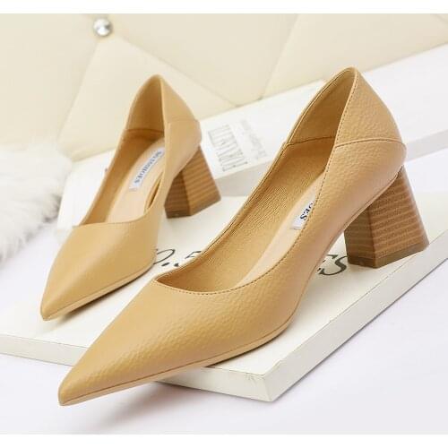 Show Thin Square Heel Womens Shoes PU Leather Concise Women Pumps Fashion High Heels Shoes Pointed Toe Shallow OL Office Shoes