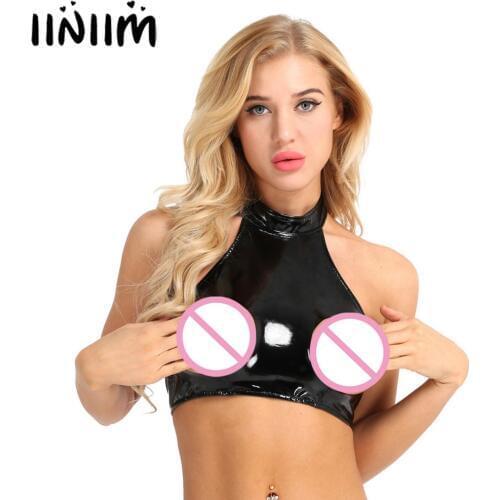 Iiniim Women Female Wetlook Lingerie Vest Faux Leather Halter Neck Backless Open Bust Clubwear Evening Party Sexy Crop Tank Tops