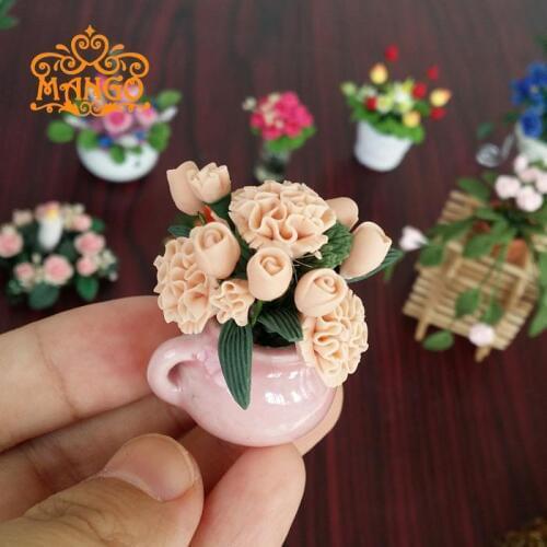 1:12 Dollhouse Miniature flowers and plants scene accessories Pink carnation pink clay flower pot