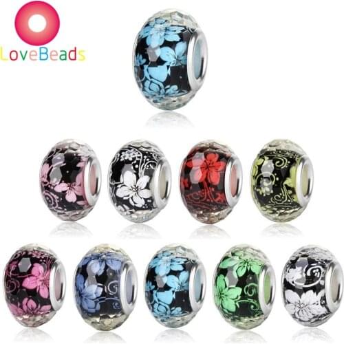 10 Pcs Set Blue Red Pink White Green Color Flower Resin Murano Large Hole Beads Charms Fit Pandora Bracelet Bangle Women Jewelry