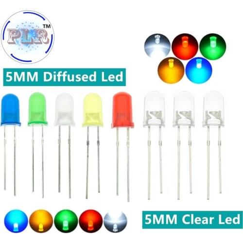 100pcs Transparent/Diffused Round PLR 5mm Super Bright Water Clear Green Red White Yellow Blue Light LED Bulbs Emitting Diode