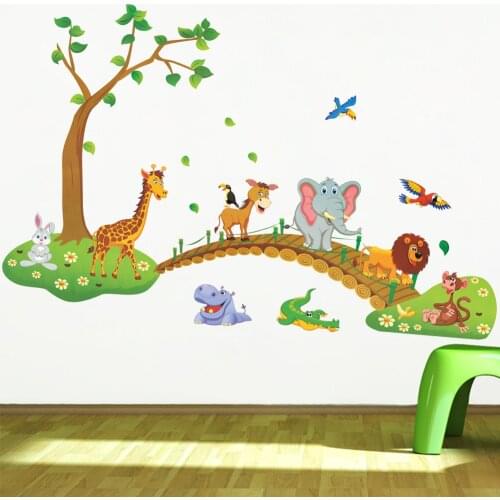 3D Cartoon Jungle Wild Animal Tree Bridge Elephant Birds Lion Giraffe Flowers Wall Stickers for Kids Room Living Room Home Decor