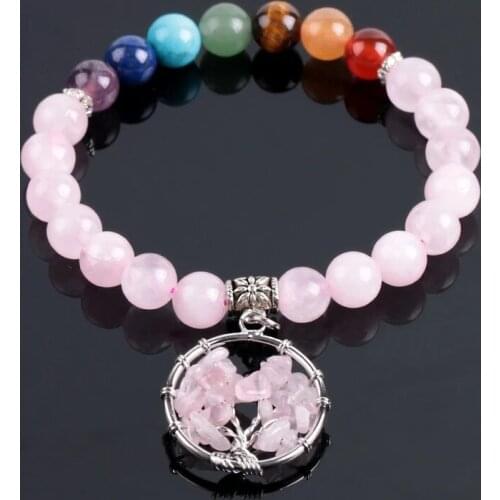 7 Chakra Pink Quartz Tree of Life Bracelets & Bangles for Women Mala Beads Meditation Healing