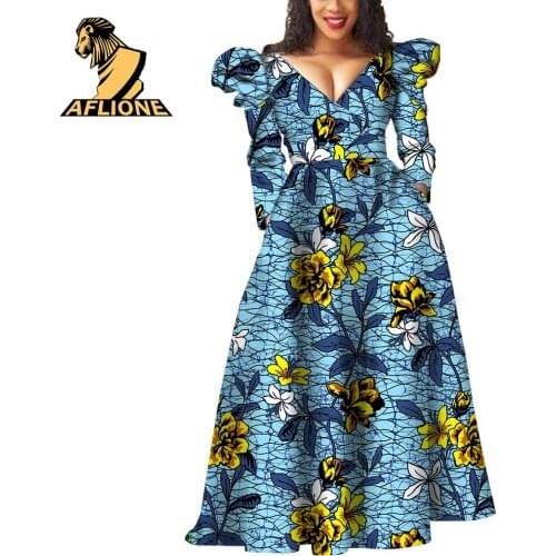 African Maxi Dresses for Women Ankara V-neck High Waist Printed Dress Dashiki elegant Cotton Attire For Party Wedding v2125046