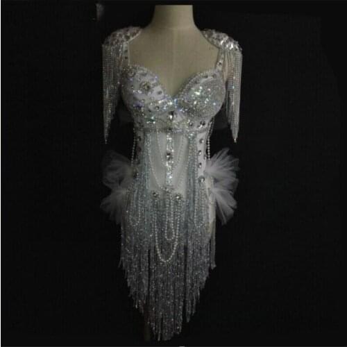 Sparkly Crystal Beads Bodysuit Female Costume white Tassel Glass Diamond Bodysuits DJ Singer Stage Outfit Bar Party Catwalk Wear