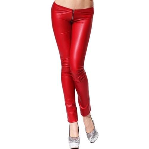 Sexy Women Latex Pencil Pants Matte Red Sexy Faux Leather Low Waist Pants Zipper Crotch Detail Slim Leggings Club Dance wear