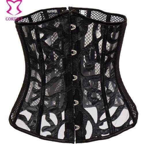 Black Fishnet Leather Underbust Corset Bustier Sexy Lingerie Espartilhos E Corpetes Corsets Gothic Clothing Korsett For Women