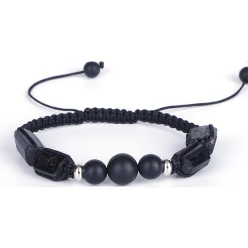 Black Healing Rough Tourmaline Semi Precious Mineral Stone Bead Charm Matte Onyx Adjustable Macrame Braiding Unisex Bracelet