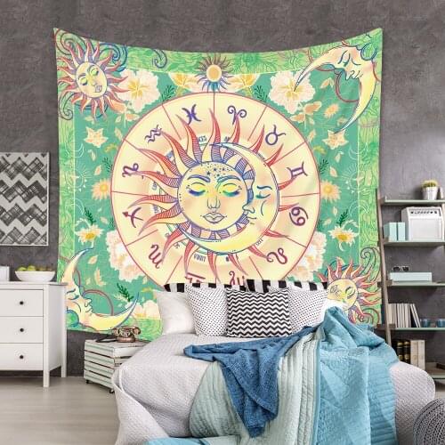 Cilected Green Sun Moon Print Tapestry Wall Hanging Bohemian Mandala Flower Home Decor Background Cloth Ethnic Style Painting