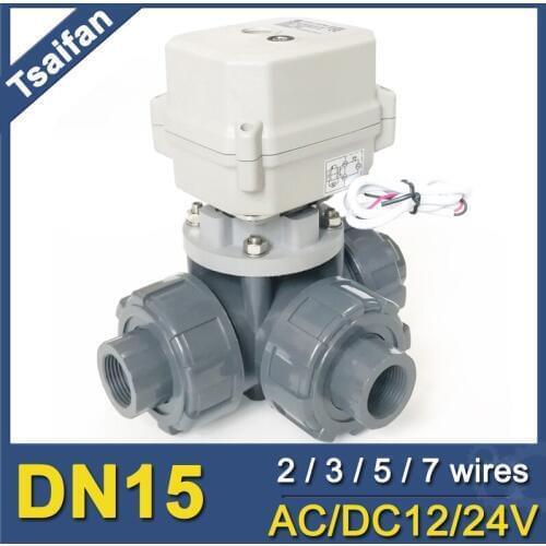 DN15 Electric Motorized ball valve 3-way UPVC, DC 12to 24V eletric control water valve with manual override and indicator