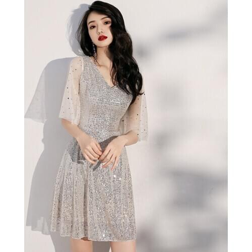 Elegant silver Prom Dresses 2020 Sexy Prom Dress Short V Neck sequin short sleeve Knee-Length Graduation Party Gowns