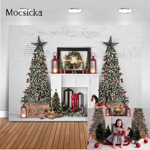 Photography backdrop Christmas white brick fireplace background for photo studio vintage light Merry Christmas tree photocall