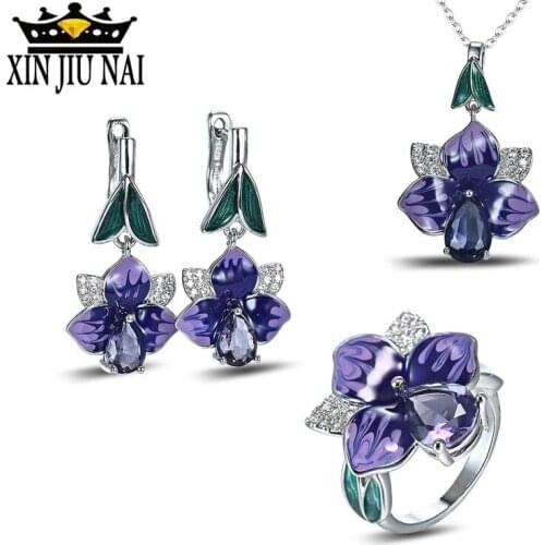 2020 hot new arrival arrives fashion luxury enamel color exquisite purple flower European and American banquet jewelry set