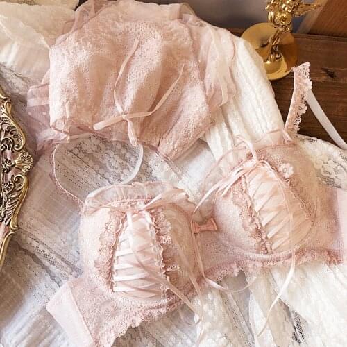 Lolita Lace Sweet sexy wirefree bra set girl underwear maid style Deep V langerie Push Up Ladies Lingerie Panties Setse bra