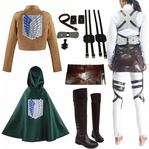 Attack on Titan Shingeki No Kyojin Cosplay Costume Recon Corp Leather Boots Shoes Harness Belt Apron Skirt Scouting Legion Cape
