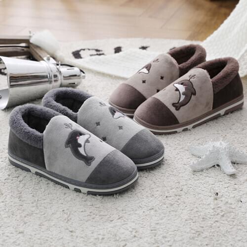 Men Plush Slippers Winter Warm Cute Furry Fuax Fur Soft Sole Shoes Dolphin Couples Home Indoor Bedroom Slip On Ladies Slides