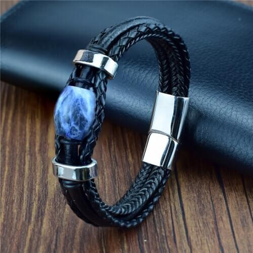 Fashion Men Jewelry Natural Stone Genuine Leather Bracelet Stainless Steel Magnetic Clasp Blue Bead Bracelet Men Gifts