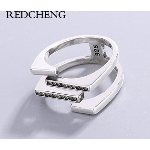 REDCHENG 925 Sterling Silver Multilayer Cross Zircon Opening Ring for Women INS Fashion Punk Geometric Anniversary Jewelry Gifts