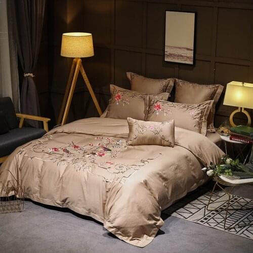Embroidery khaki luxury Egyptian velvet cotton satin large 4/6 bedding bed linen down quilt pillowcase