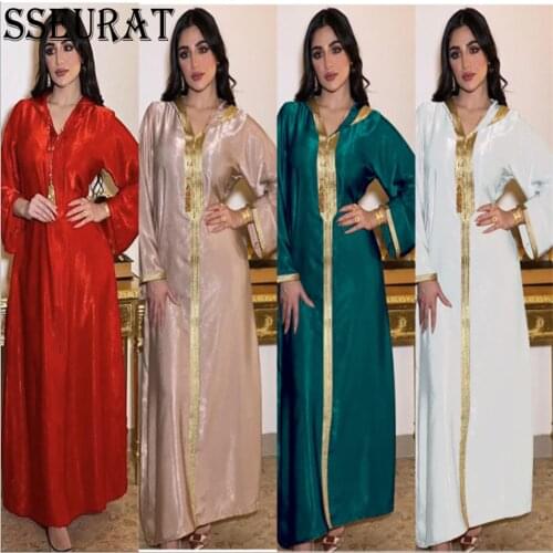 SSEURAT Dubai Arabic Muslim Abaya Dress for Women Fall 2021 Champagne Moroccan Kaftan Hooded Robe Turkish Islamic Jalabiya