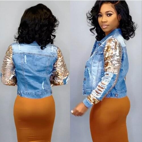 Streetwear Women Sparkling Sequins Denim Coats 2021 Spring Latest Turn-down Collar Ripped Single-breasted Light Washes Jackets