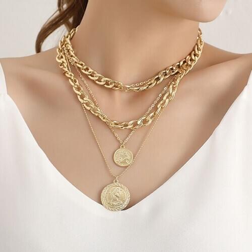 Vintage Aluminium Alloy Thick Chains Round Figure Coin Pendant Necklace Women Punk Geometric Necklace Party Jewelry Necklaces